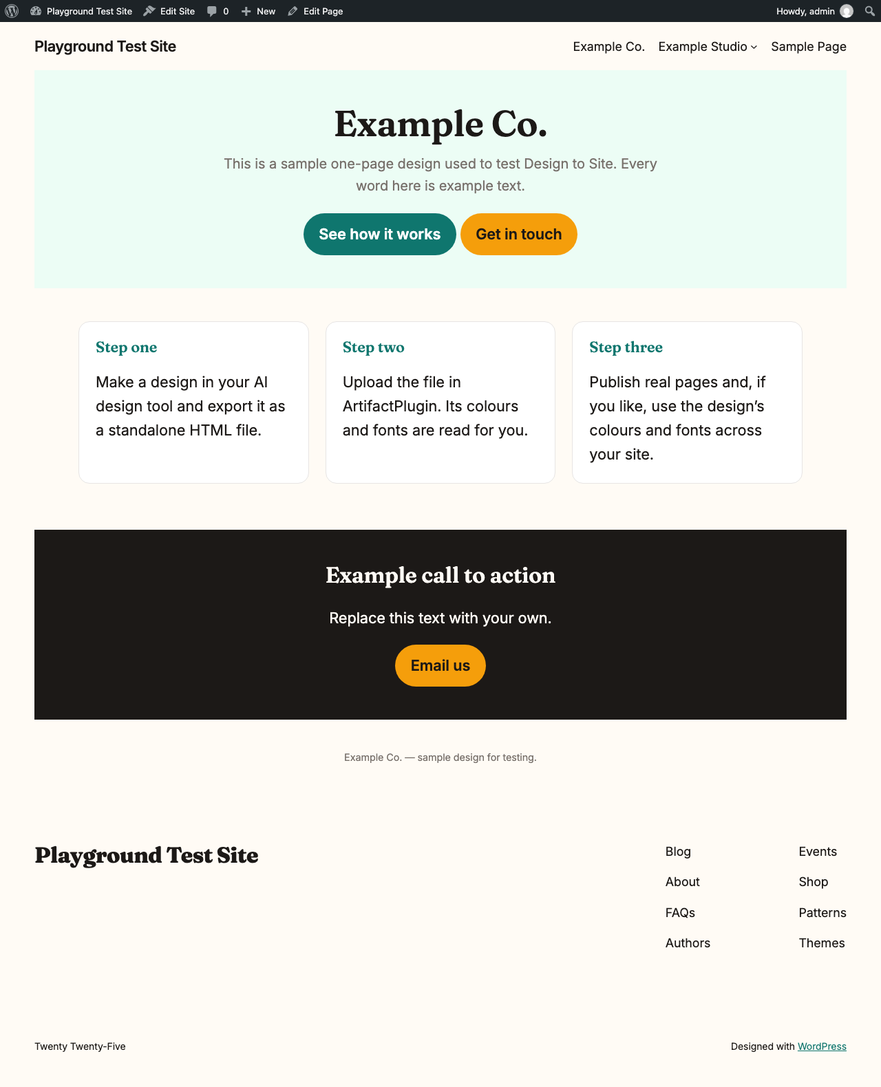 the same design as a page on a WordPress site, with the site using its colours and fonts.