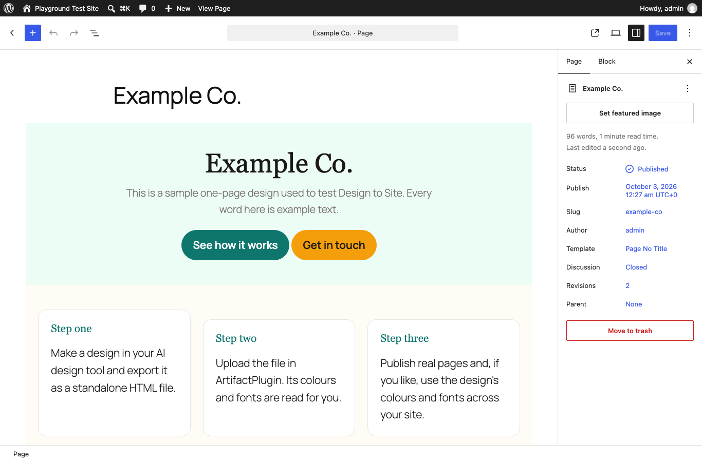 The converted design in the WordPress editor: headings, text, buttons and pictures as normal blocks.