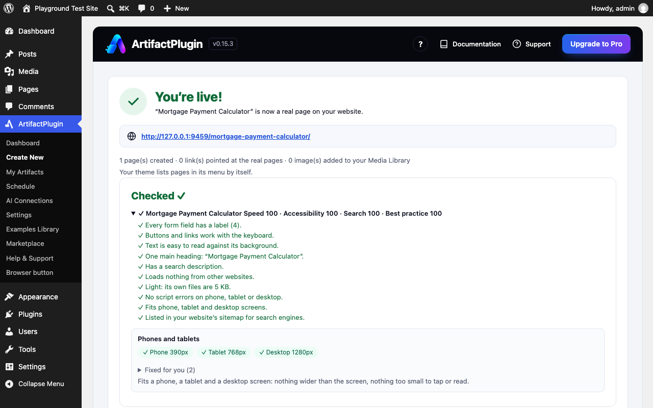 You're live: the page address and a Checked list with phone, tablet and desktop marked as fitting