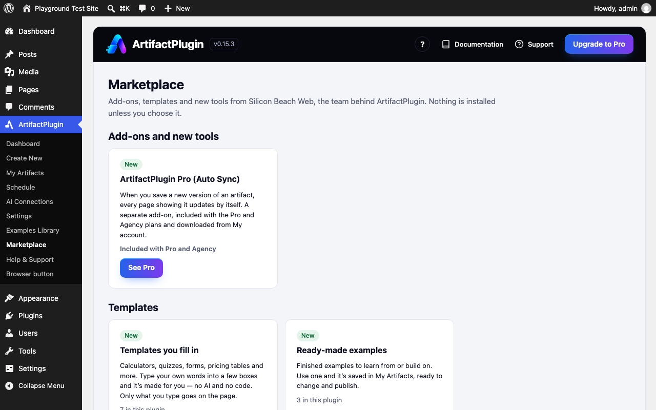 The Marketplace screen with Templates and Done for you sections
