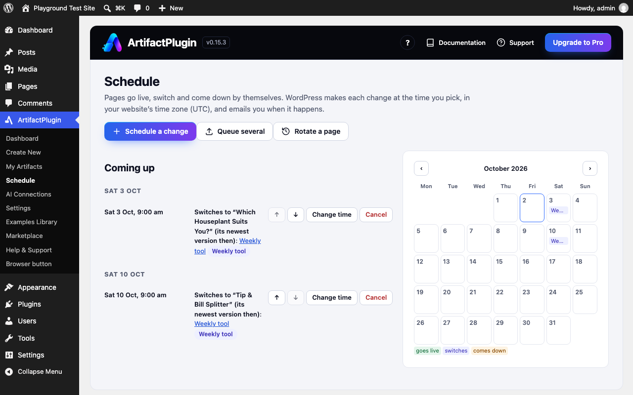 The Schedule screen with a page switching to a new tool each Saturday, and a calendar